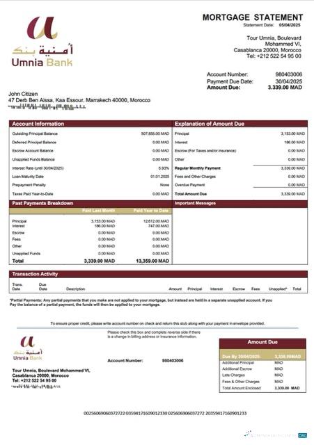 Download Morocco Umnia Bank mortgage statement Word and PDF template Photoshop template